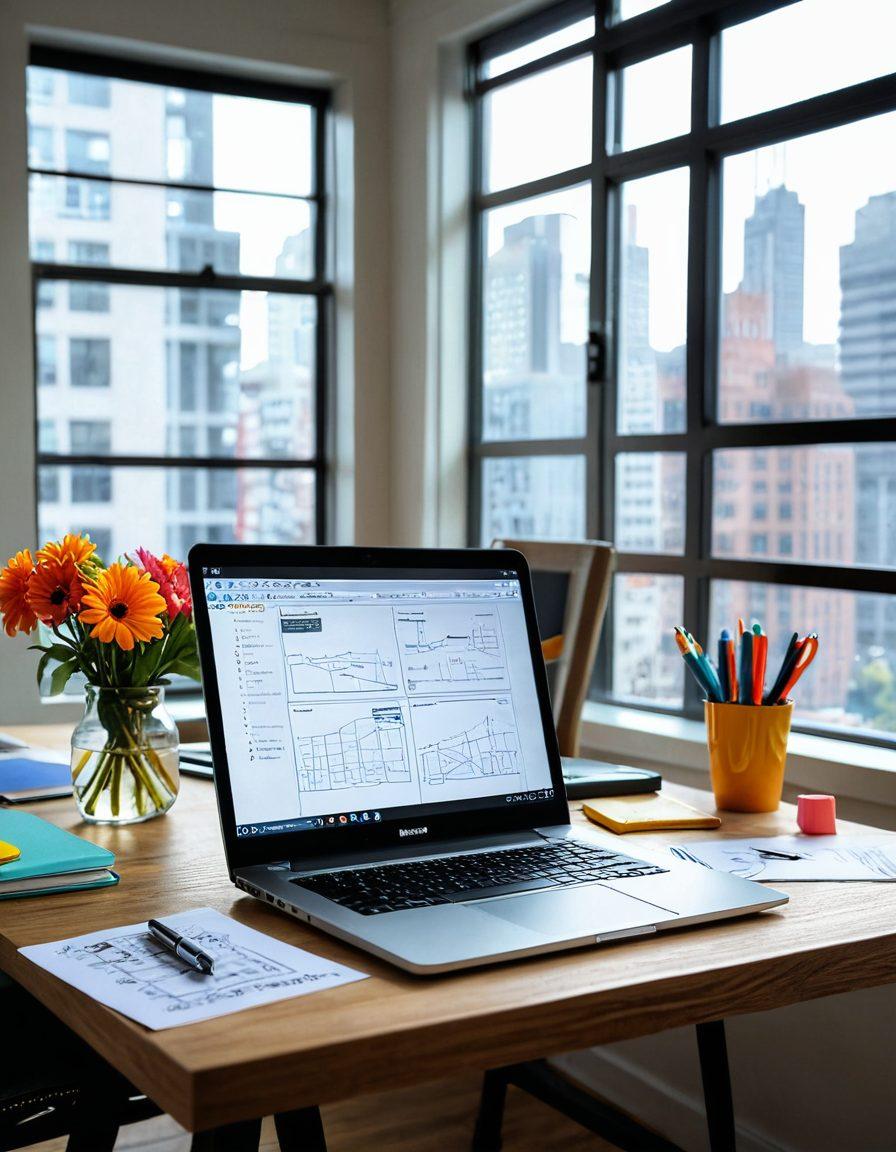 A creative workspace filled with elegant blueprints and sketches of domain names and blog structures spread across a large table. Include a laptop displaying a vibrant graph of a blog network, with colorful sticky notes and pens scattered around. The background features a modern office setting with a large window letting in natural light. Focus on a sense of organization, productivity, and digital entrepreneurship. super-realistic. vibrant colors. cozy ambiance.