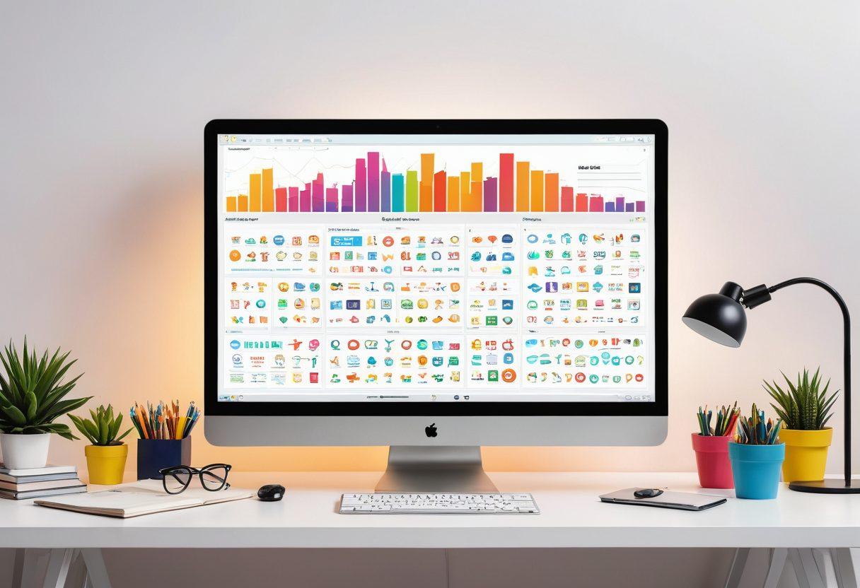 A vibrant and organized digital workspace showcasing an array of domain catalogs on a sleek computer screen, surrounded by colorful icons representing effective site management, niche blogs, and SEO tools. Include a glowing key symbolizing 'unlocking' potential, with a backdrop of a whimsical city skyline representing creativity. The overall atmosphere should evoke a sense of empowerment and digital mastery. super-realistic. vibrant colors. white background.