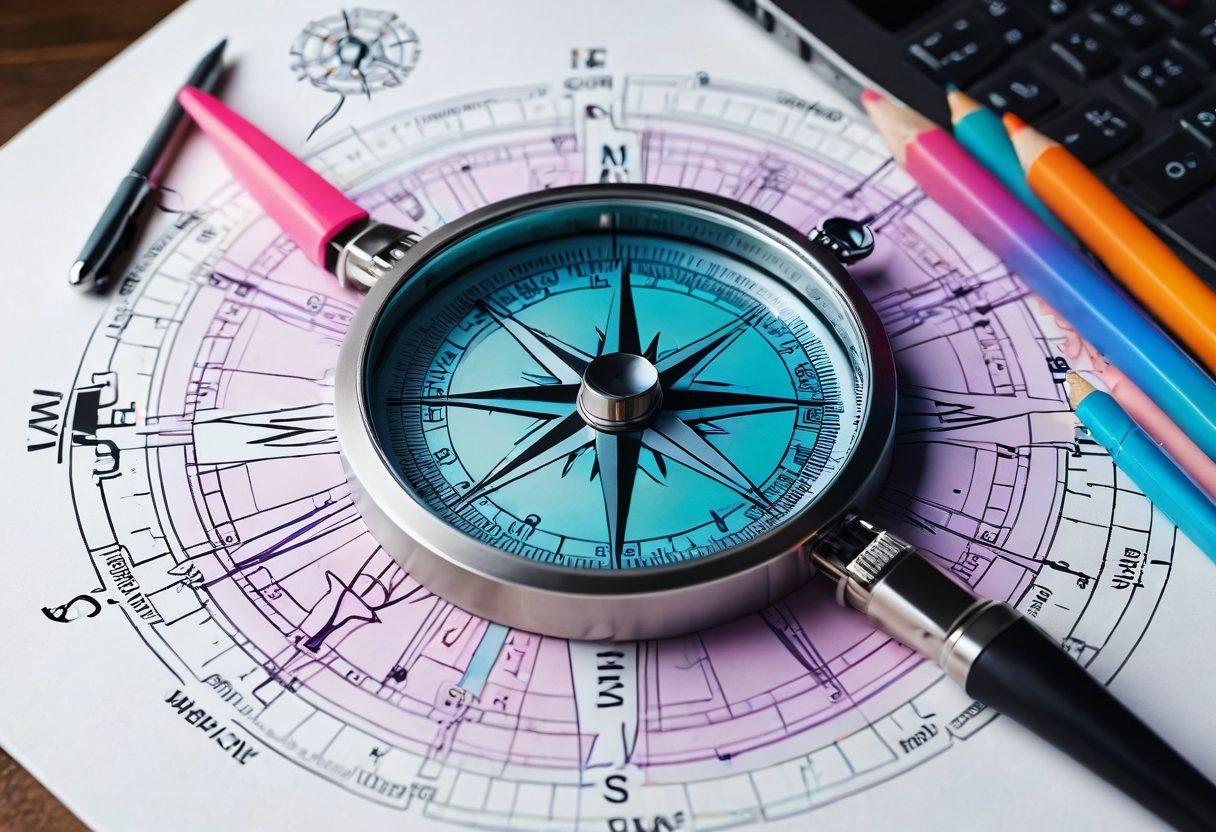 A stylized compass made of various blogging tools like a laptop, a camera, a smartphone, and a pen, surrounded by vibrant domain maps showing different niches. Incorporate symbols of creativity like gears and lightbulbs, enhancing the sense of guidance and exploration. The background should be a gradient of soft pastel colors to evoke a sense of calm and inspiration. super-realistic. vibrant colors.